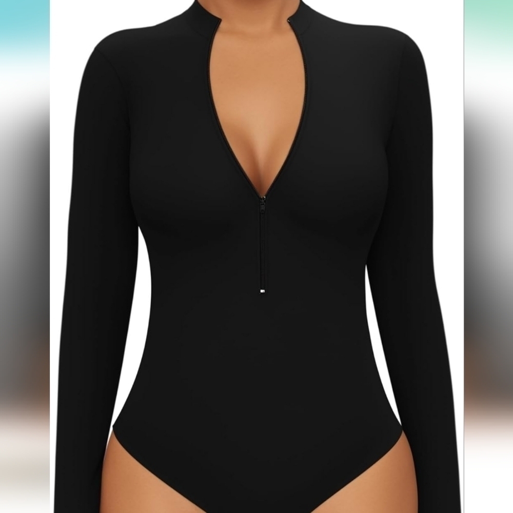 MANGOPOP Long Sleeve Zip Up Bodysuit for Women Ribbed NWT Size S